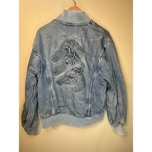 Vintage Mens Embossed denim jacket 90s denim jacket Horses Size Medium